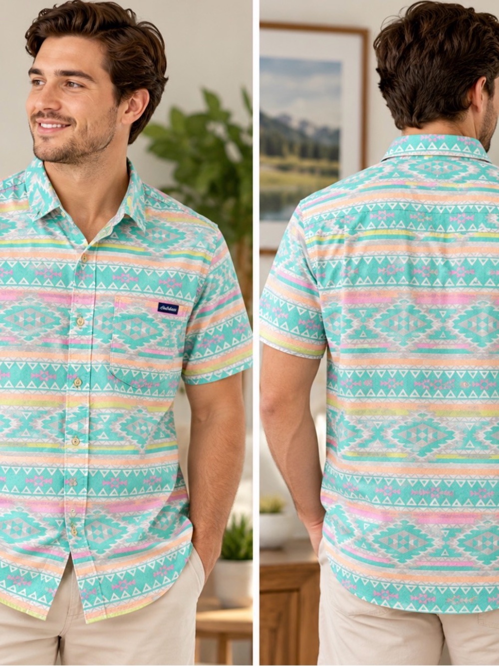 Chubbies Men’s M Aztec Geometric Short Sleeve Button Down Shirt Teal